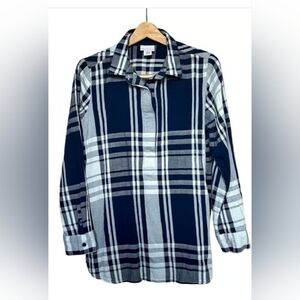 Womens Liz Claiborne Navy & White Plaid Shirt Pull Over Long Sleeve Button Sz M